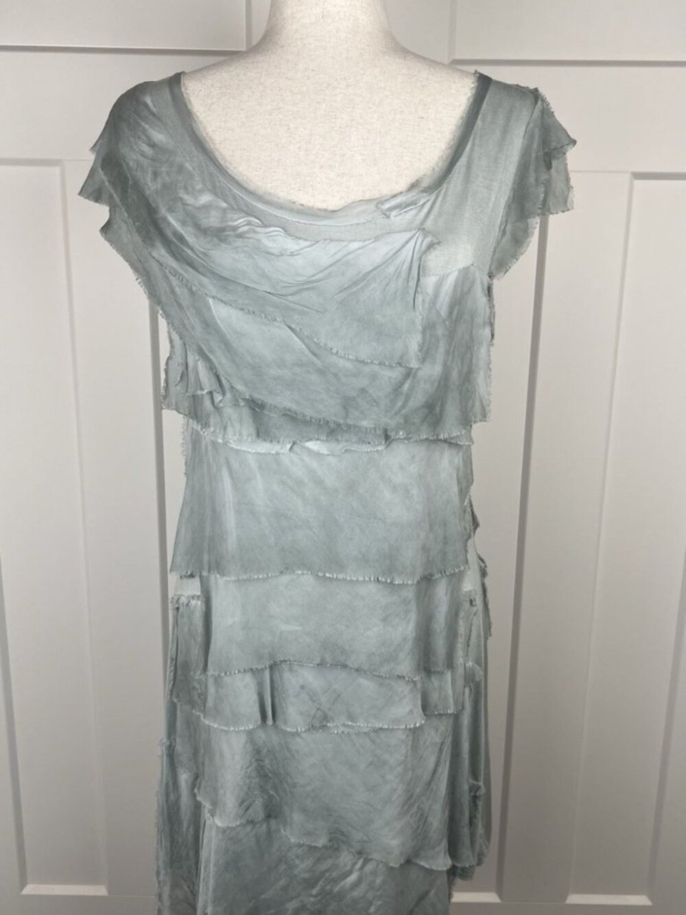 Tempo Paris XL Sage Green Silk Tiered Ruffle Dress Italian Layers Lagenlook